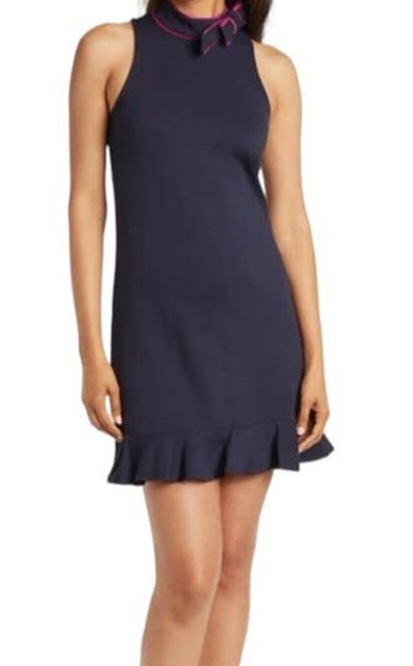 Eliza J dress navy blue Pipe Trim bow neck minidress